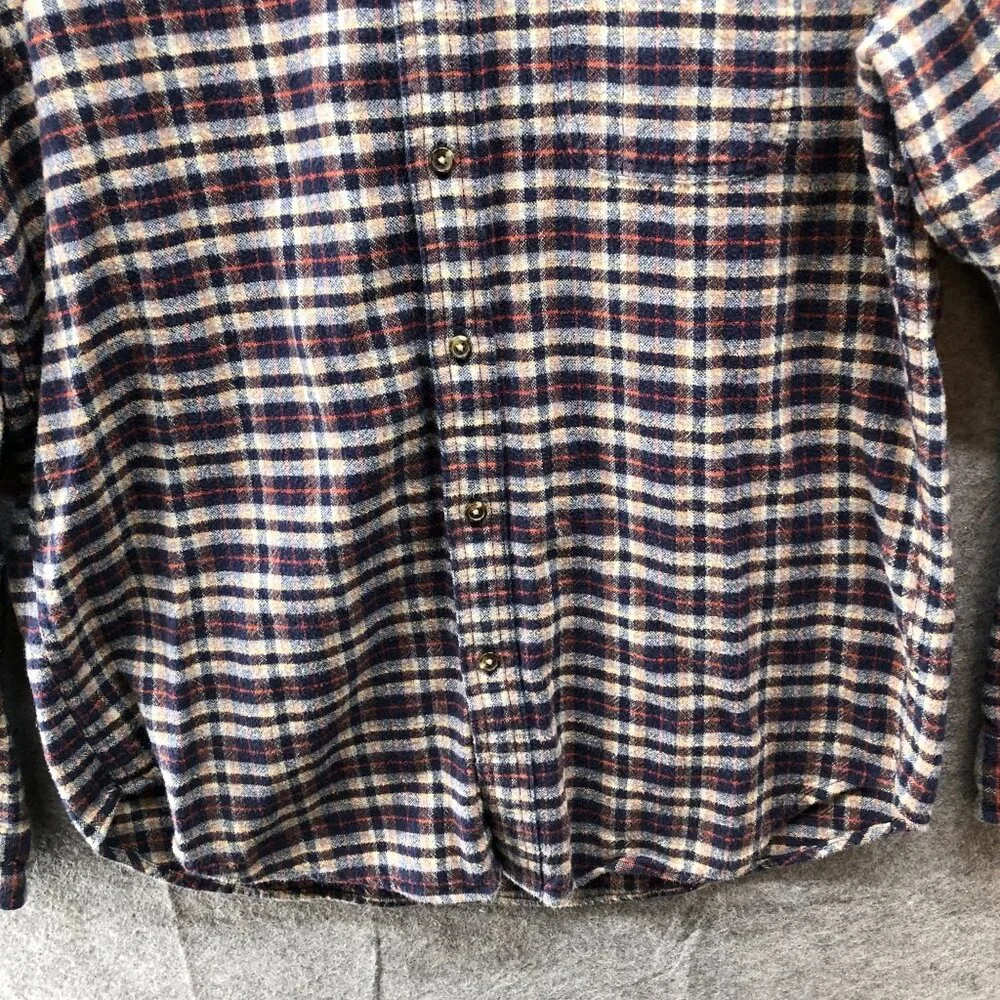 J. Crew Flannel‎ Shirt Mens L Elbow Patch Brown Blue Plaid Long Sleeve